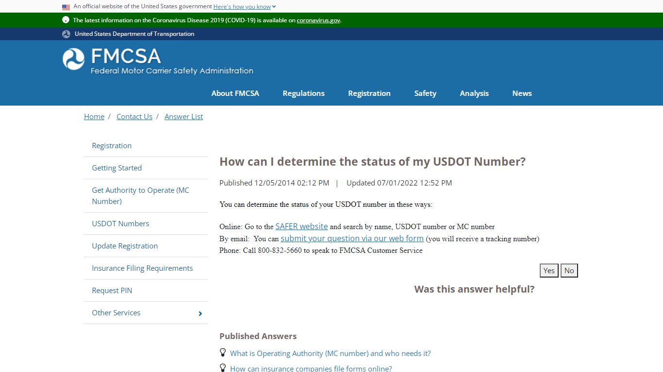 How can I determine the status of my USDOT Number?