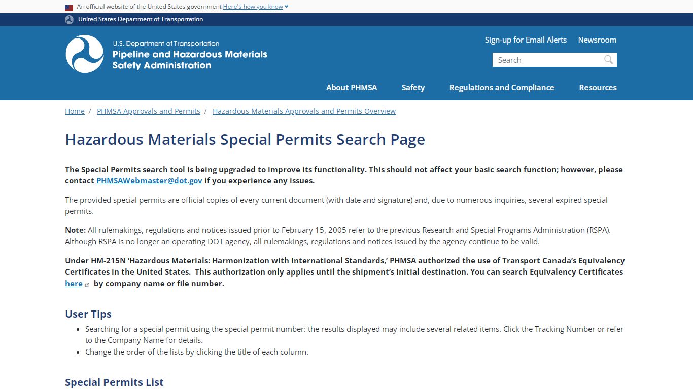 Hazardous Materials Special Permits Search | PHMSA